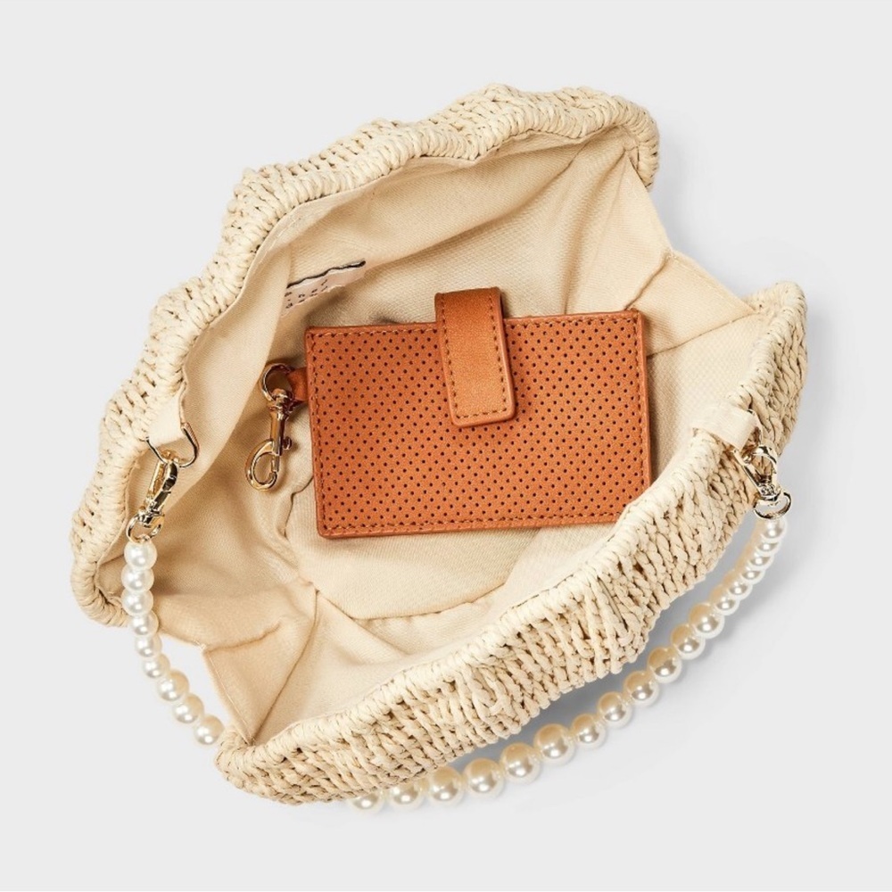 Beach-y Vacay Vibe::A New Day Tan Woven Shell Shape Bag with Pearl Strap::NWT:: - Picture 4 of 6